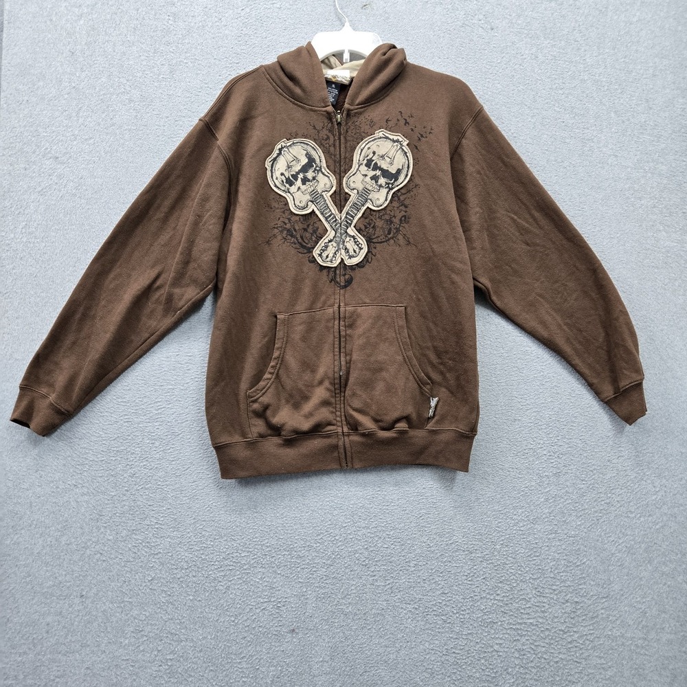 Silver Point Men Hoodie XL Brown Embroidered Graphic Fleece Skulls Grunge Y2K